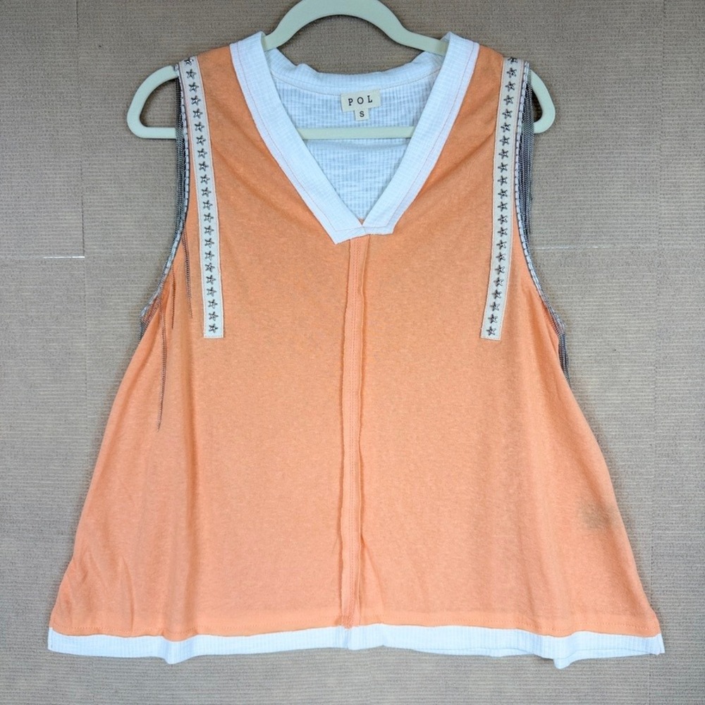 POL Women Orange White Star Studded Chain Fringe Sleeveless Top Size S V-Neck
